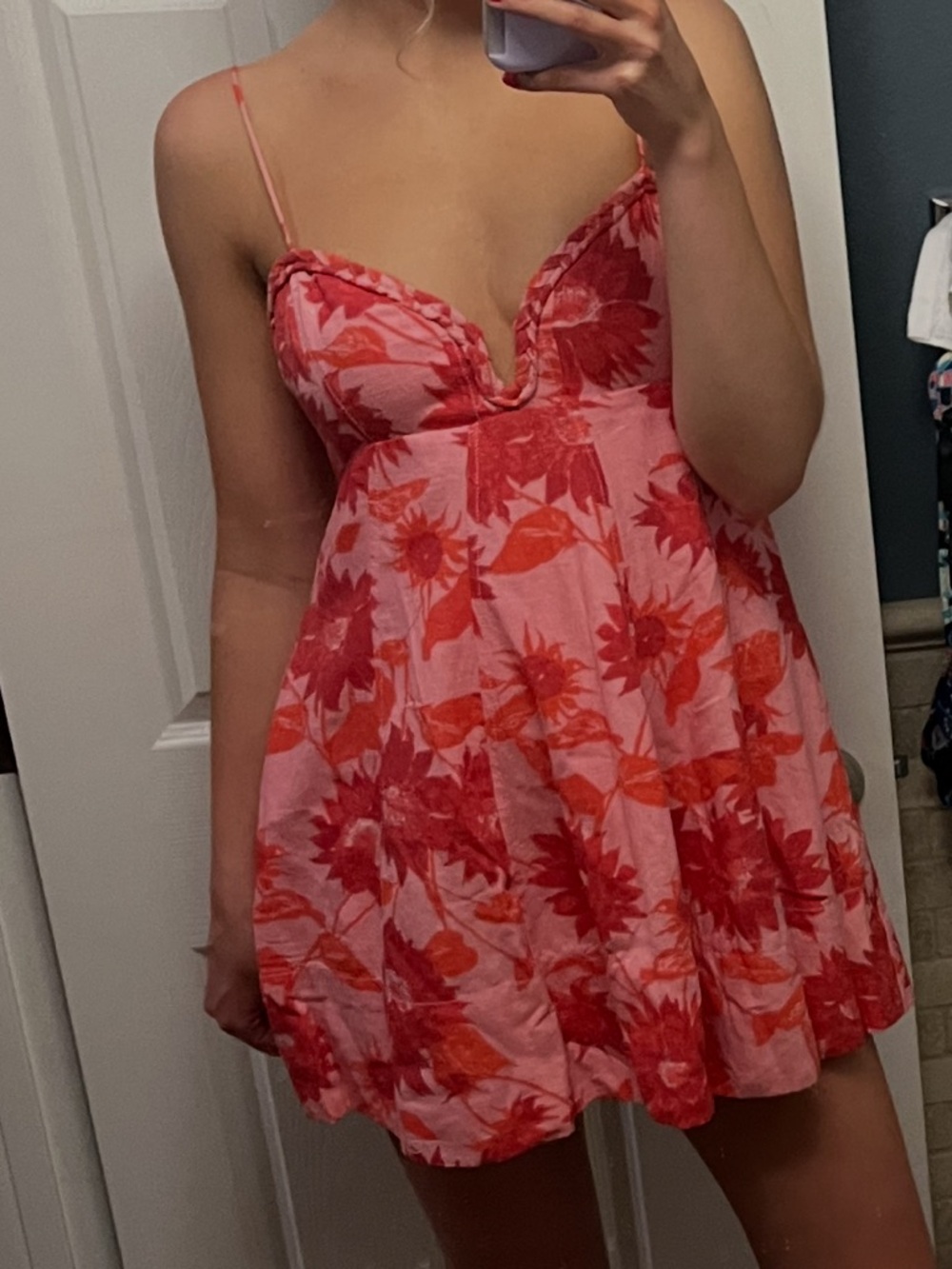 Free People Red Floral Spaghetti Strap Mini Dress